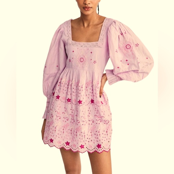 LoveShackFancy Dresses & Skirts - LoveShackFancy light pink Embroidered Eyelet Puff Sleeve Dress Size 8